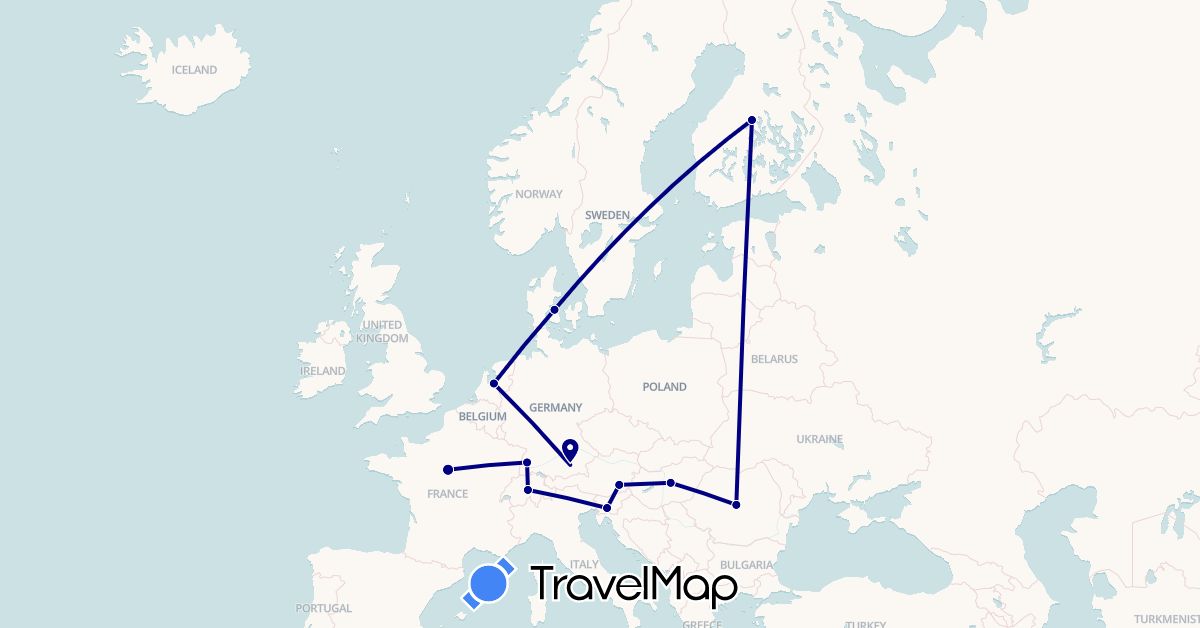 TravelMap itinerary: driving in Austria, Switzerland, Germany, Denmark, Finland, France, Hungary, Netherlands, Romania, Slovenia (Europe)